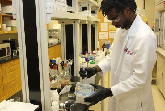 Male student using a pipette in a lab